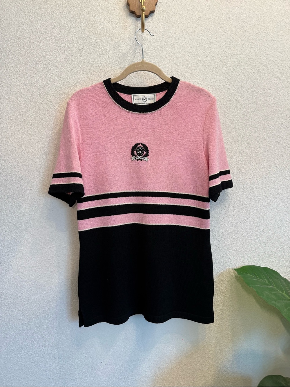 St. John Sport Pink & Black Knit Sweater Top Wool Blend Size P